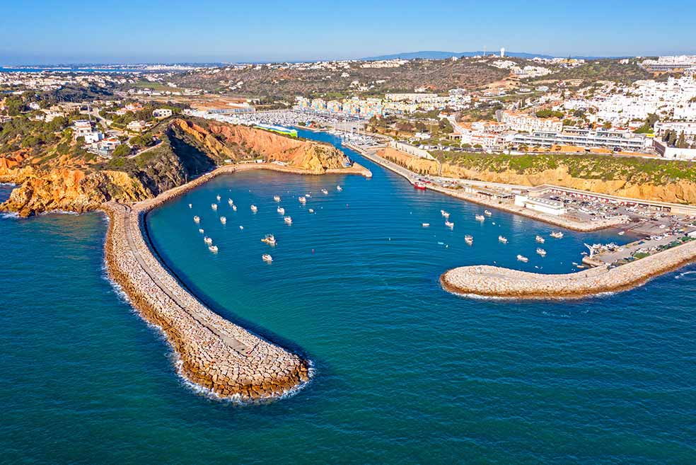 Albufeira harbor and white yachts.