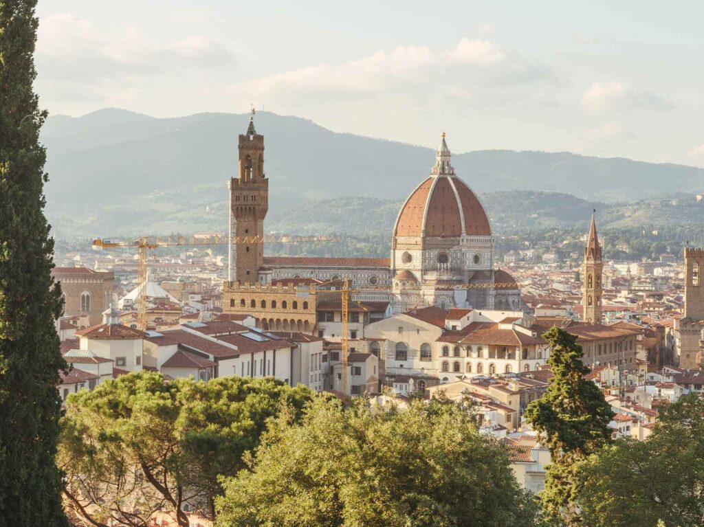 View from drone showing the skyline of Florence and dome of the cathedral.