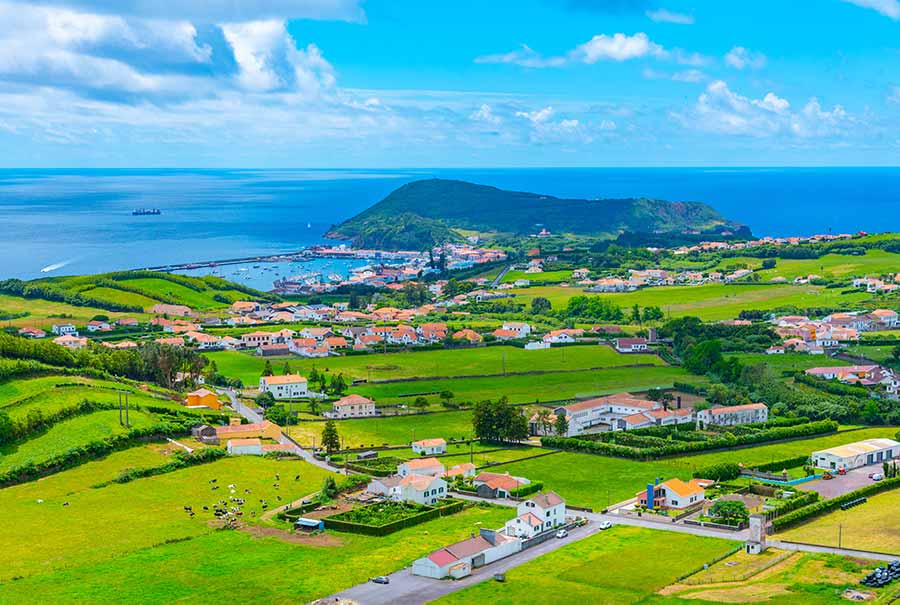 aerial view over Horta Town, Faial island, Azores, Portugal