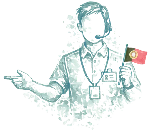 Illustration of a Portugal tour guide holding a Portuguese flag and wearing a headset, representing private guided tours in Portugal