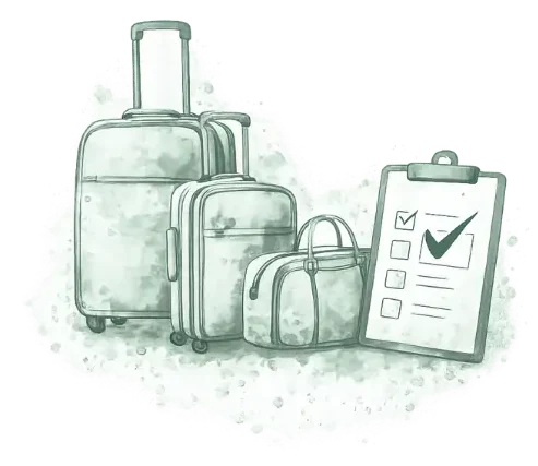Illustration of travel luggage and a checklist representing organized private tours and travel planning in Portugal
