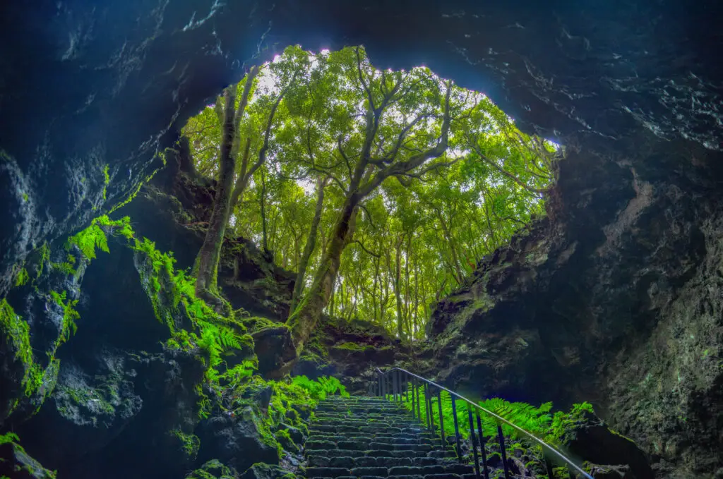 Steep stone staircase leading into Gruta das Torres cave surrounded by lush green vegetation on Pico Island, Azores, Portugal, a popular natural attraction for eco-tourism and adventure travel
